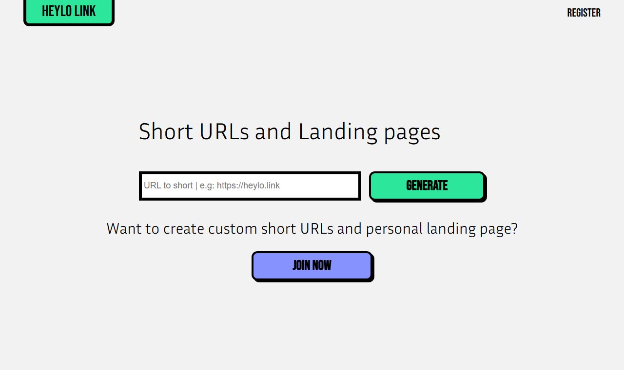 Heylo Link interface for generating short URLs and personal landing pages