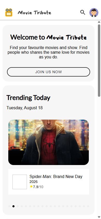 MovieTribute mobile interface showing a trending movie and its rating