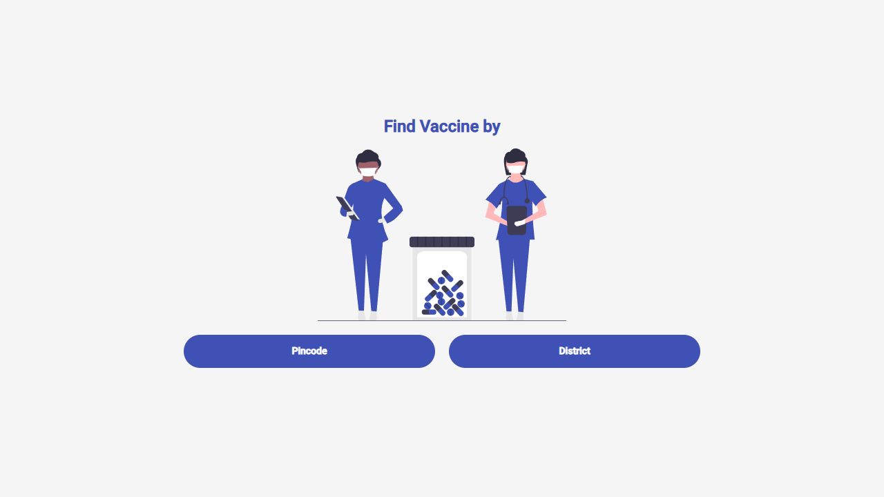 Covid Vaccine Finder interface offering search by pincode or district